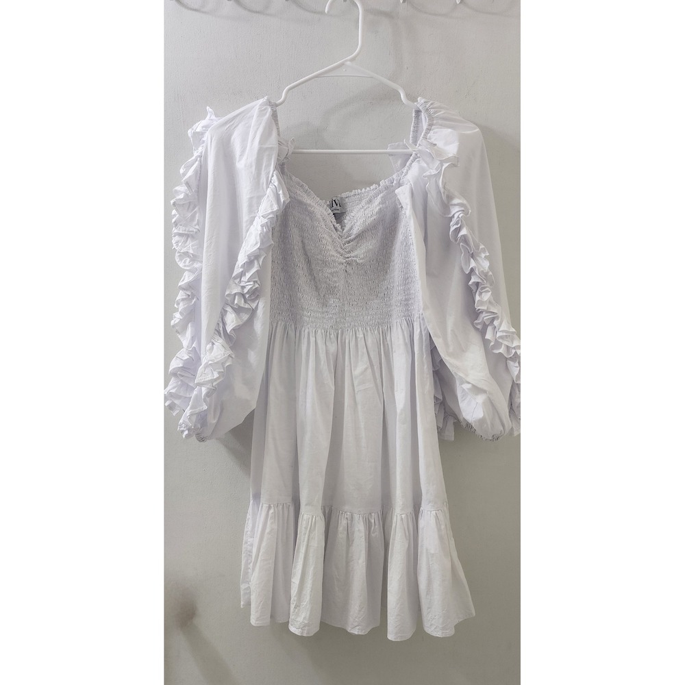 VAIVA by Johania Valentina White Ruffle Sleeve Smocked Tiered Mini Dress